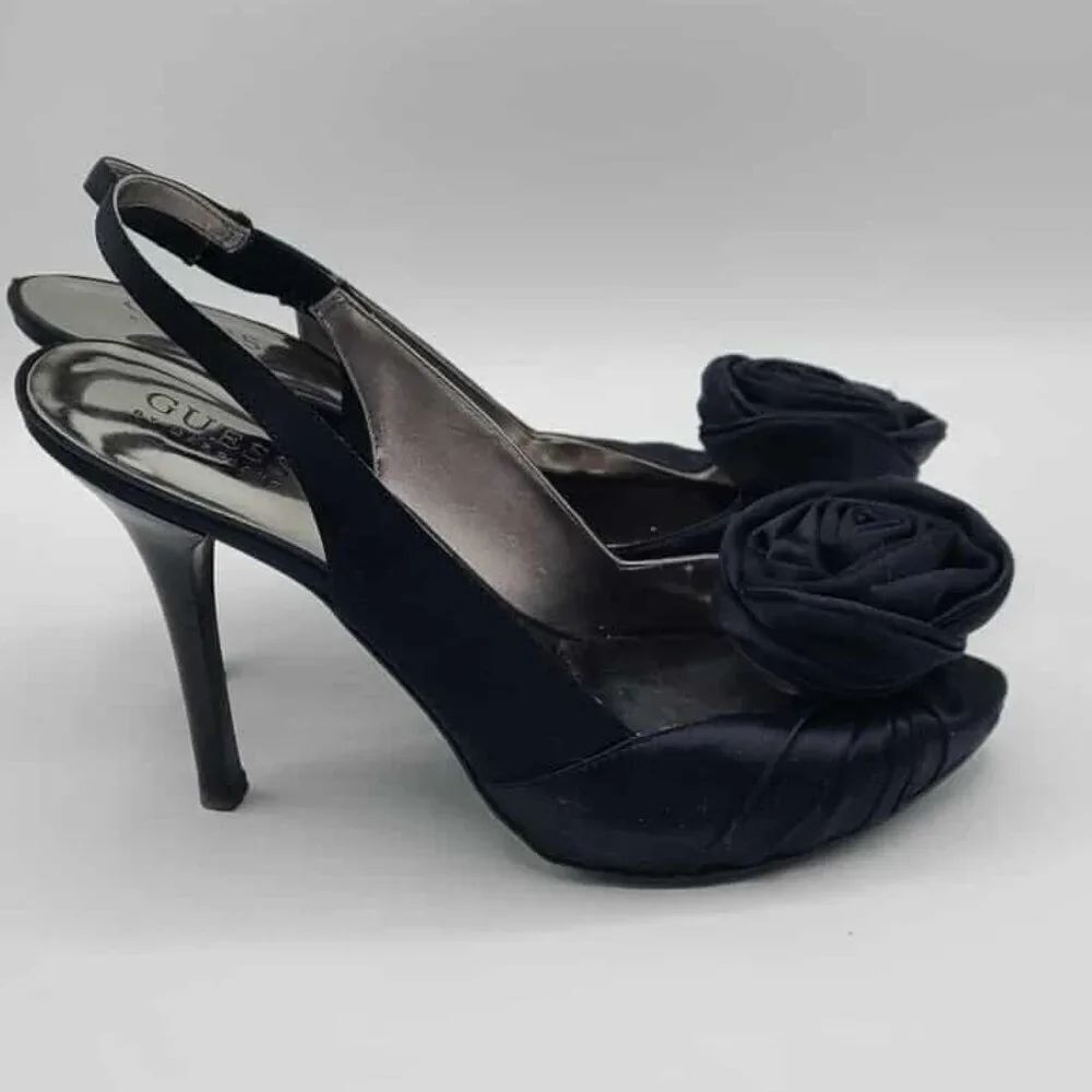 Guess by Marciano Black Satin Heels with Satin Rose size 8